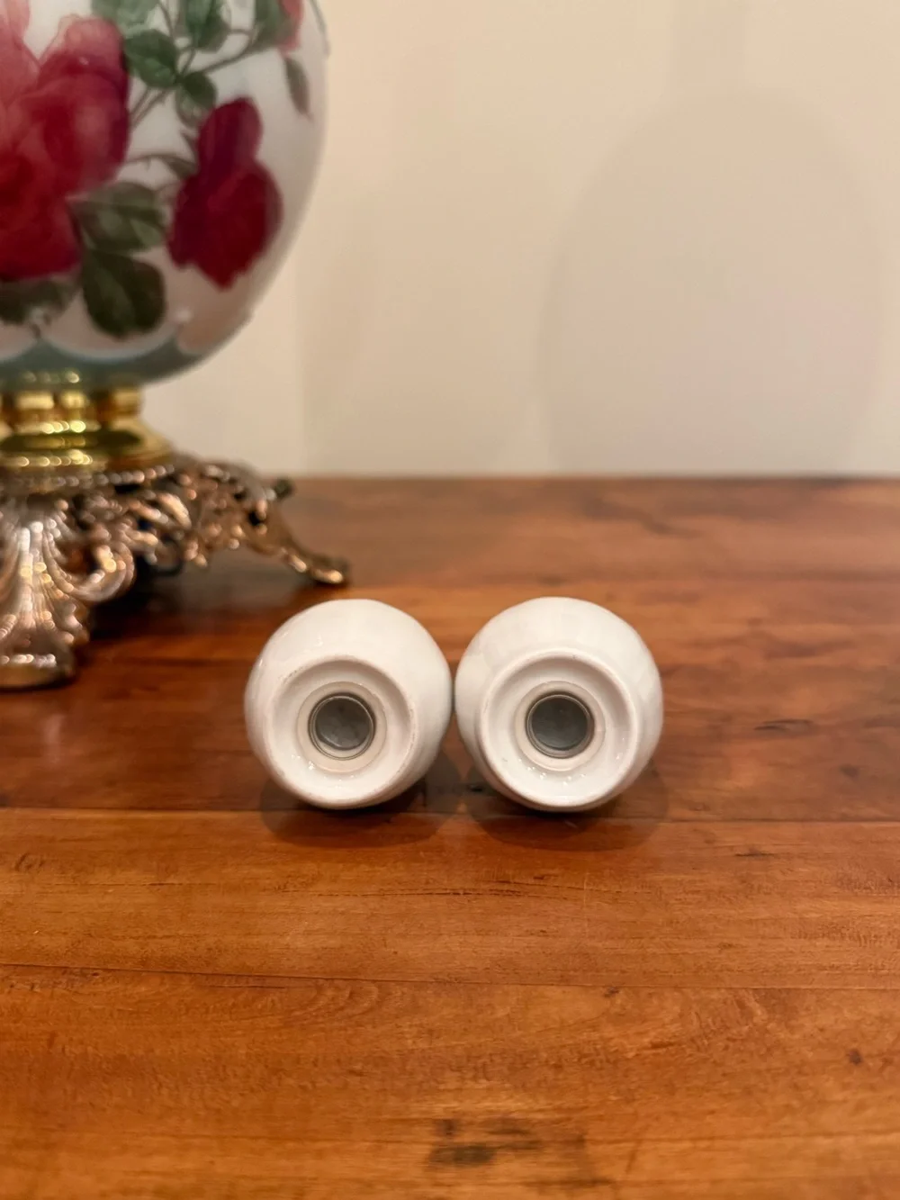 Lynn’s Fine China Victorian Rose salt and pepper shakers with gold rim